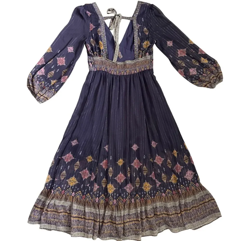 Free People Wishing Well Metallic Lurex Boho Printed Midi Dress Purple Sz Large - Picture 4 of 10